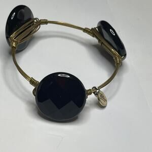 BOURBON & BOWETIES gold tone bracelet bangle black round faceted signed jewelry